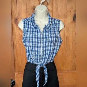Blue and White Zipper And‎ Tie Front Sleeveless Top